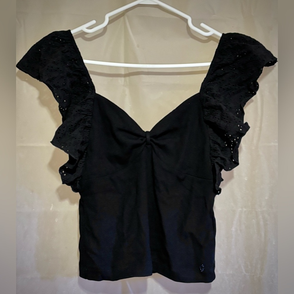 Guess- Eyelet Ruffle Butterfly Sleeve-Cropped Top-Black-Medium-NWT